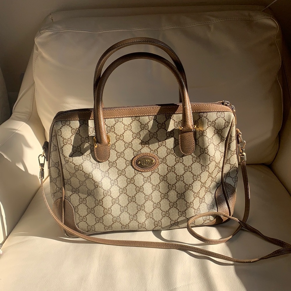 Auth GUCCI Old GG Supreme Boston bag handbag Hardware gold